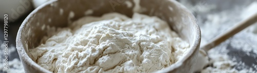 Bowl of dough on a rustic table, surrounded by flour, soft focus background.