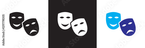  Comic and tragic mask icon. Masquerade vector icon . Isolated on white and black background. Vector illustration. EPS 10
