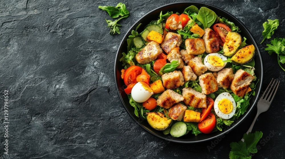 Bowl of chicken salad with tomatoes boiled eggs and cucumber slices on wooden table Bowl of chicken salad with tomatoes boiled eggs and cucumber slices on wooden table