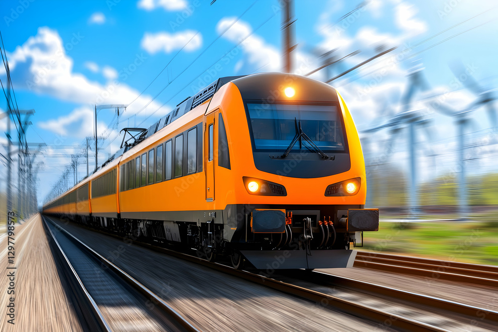 Fototapeta premium Fast train, rural landscape, motion blur
