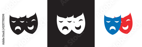  Comic and tragic mask icon. Masquerade vector icon . Isolated on white and black background. Vector illustration. EPS 10