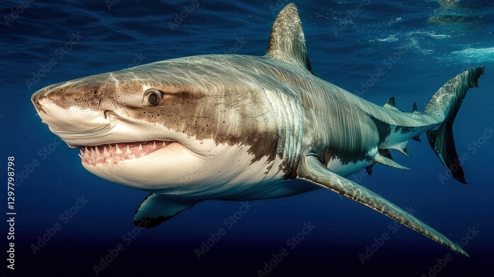 Naklejka premium A large, powerful shark swims through deep blue water, its mouth open and teeth visible.