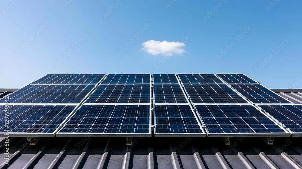 Solar Panels Installed On Dark Metal Roof Against Bright Blue Sky With Single White Cloud Solar Panels Installed On Dark Metal Roof Against Bright Blue Sky With Single White Cloud