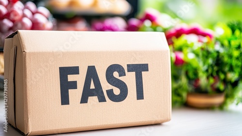 Brown Cardboard Box with Fast Delivery Concept, Fresh Produce Background