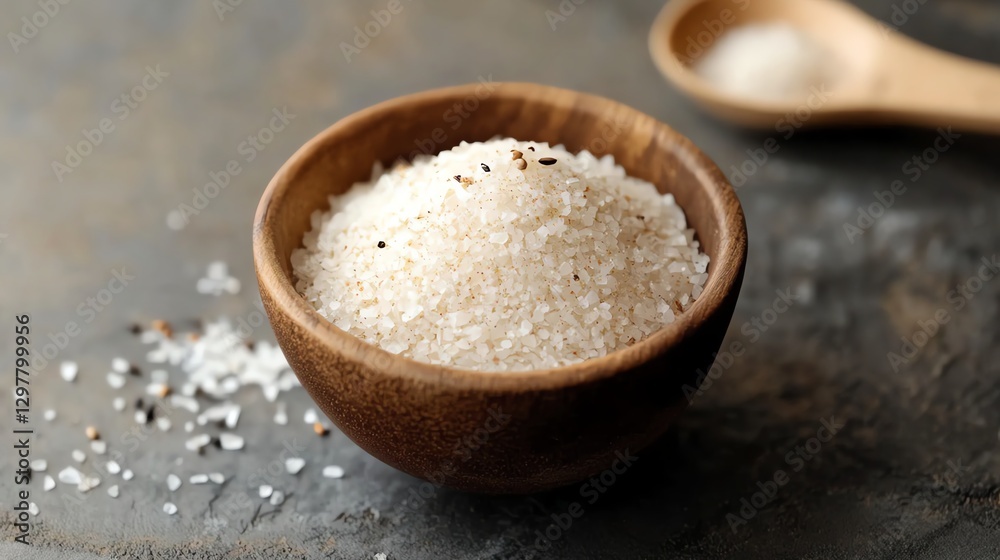 Bowl of white salt with granules spilling on a rustic surface, natural and organic. Bowl of white salt with granules spilling on a rustic surface, natural and organic.