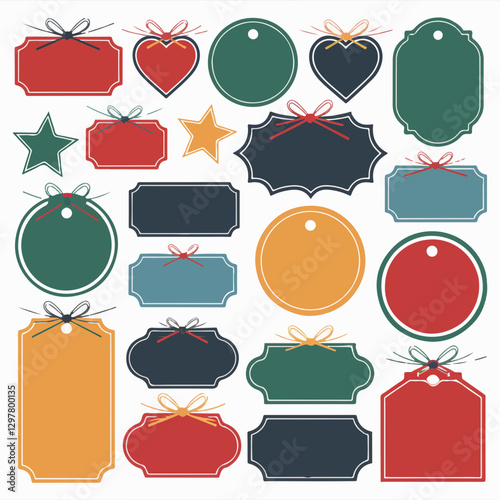 Decorative holiday label set with blank tags and Christmas ornaments in vibrant colors
