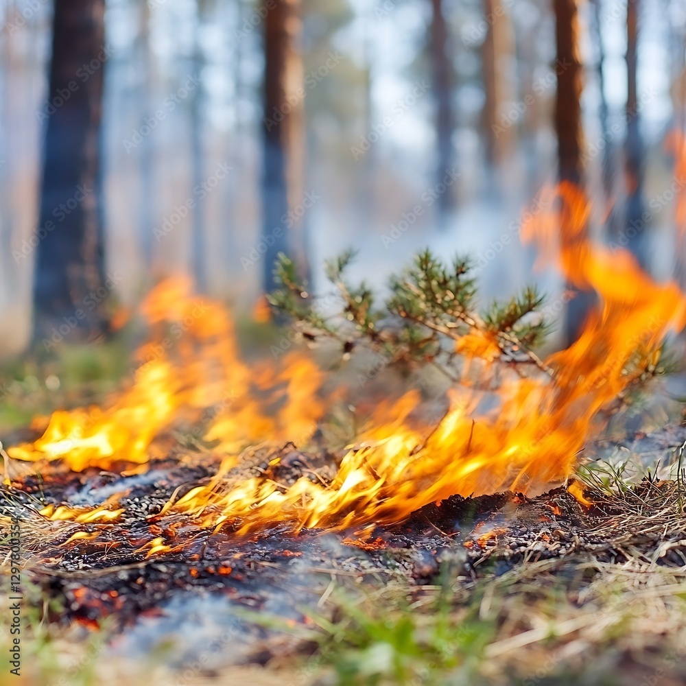 Forest fire, burning ground, pine trees Forest fire, burning ground, pine trees