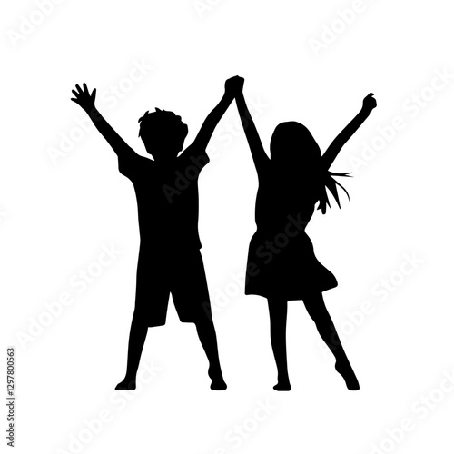 Black and white illustration of a boy and girl holding hands with arms up