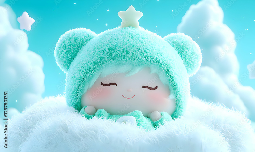 Cute Cartoon Character in Bear Suit with Clouds and Stars Background Cute Cartoon Character in Bear Suit with Clouds and Stars Background