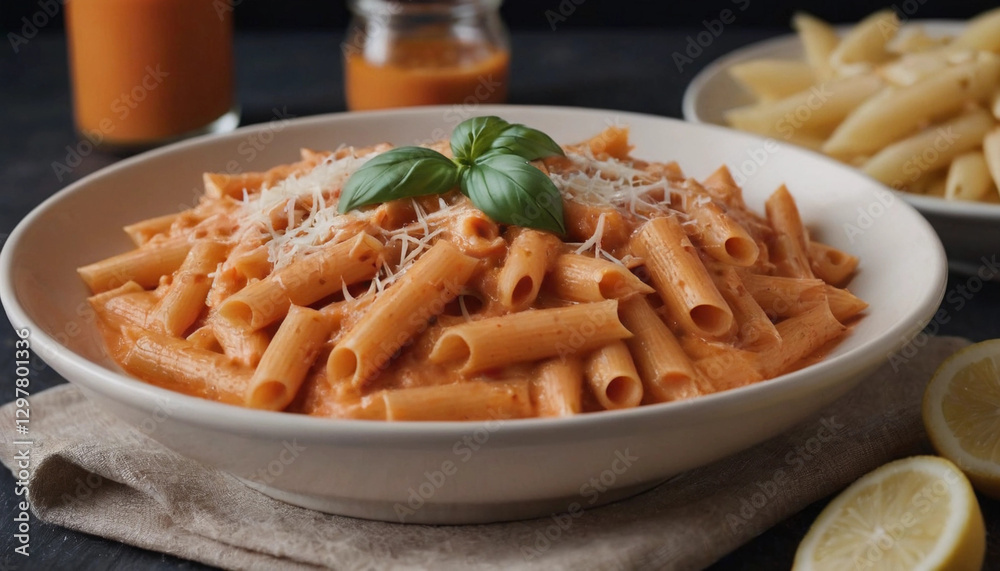 penne alla vodka with parmesan cheese in a bowl penne alla vodka with parmesan cheese in a bowl