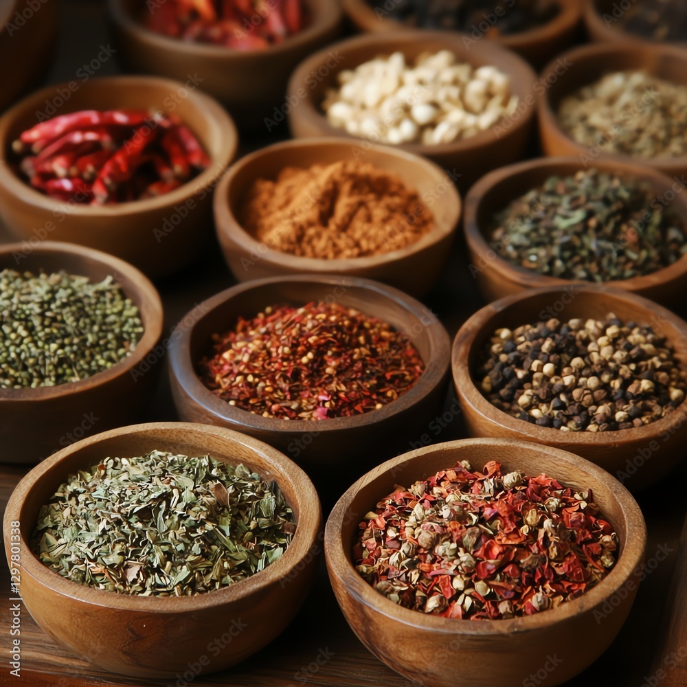 Colorful bowls of various spices arranged on a wooden table. Colorful bowls of various spices arranged on a wooden table.