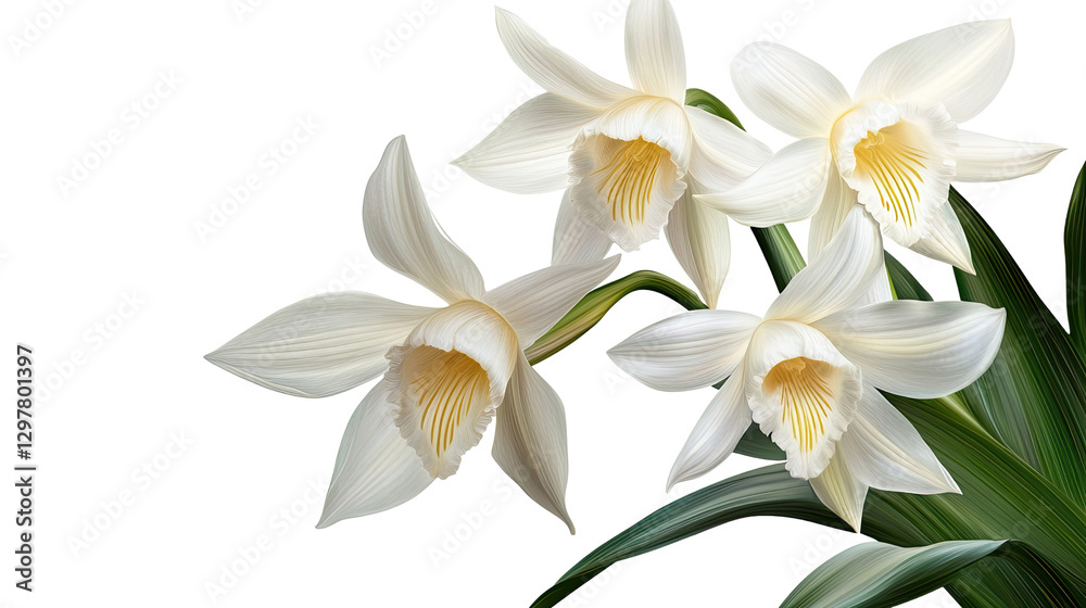 Obraz premium Elegant Orchid Blooms: Capturing the delicate beauty of elegant white orchids in full bloom, showcasing their pristine petals and vibrant yellow centers.