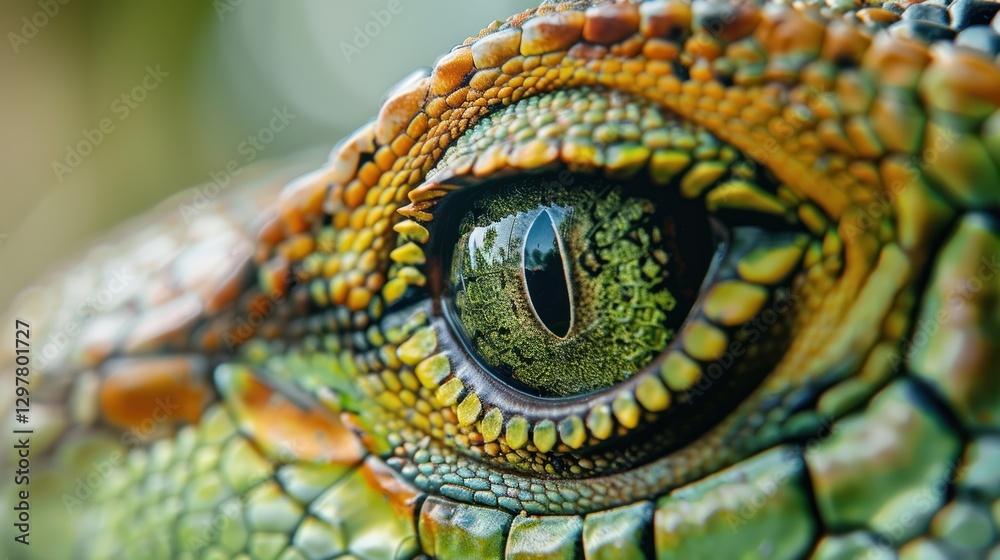 Fototapeta premium Closeup portrait dragon green eye of wild reptile animal. AI generated image