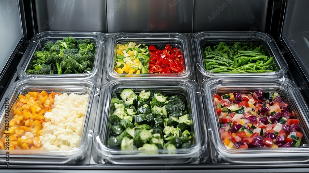 Colorful variety of fresh vegetables in clear containers inside a refrigerator.