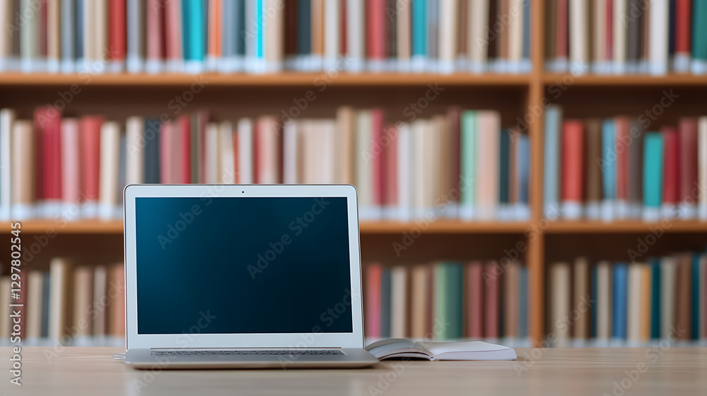 Studying at a modern desk with open laptop library background educational setup cozy environment focused viewpoint productivity concept Studying at a modern desk with open laptop library background educational setup cozy environment focused viewpoint productivity concept