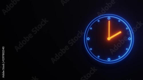 Vibrant Blue and Orange Neon Clock Face with Spinning Hour and Minute Hands in a Seamless Loop Animation