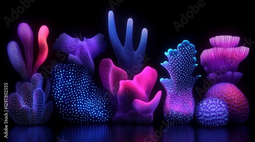 Vivid bioluminescent deep sea coral reef glowing underwater with vibrant fluorescent colors fantasy alien abstract background