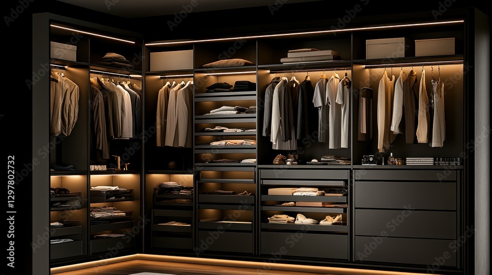 Modern walk-in closet with organized clothes