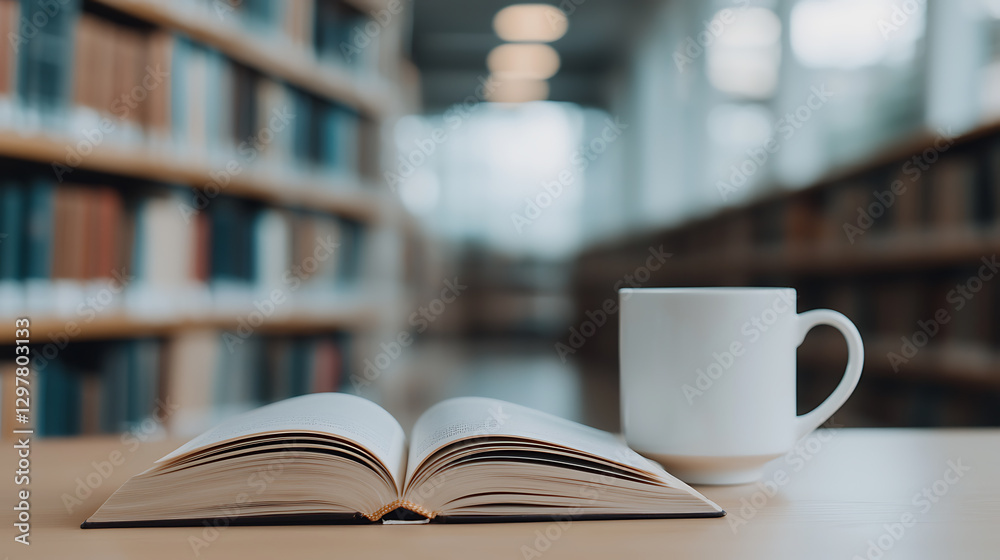 Naklejka premium Quiet study corner in library with open book and coffee mug tranquil environment academic focus inviting workspace