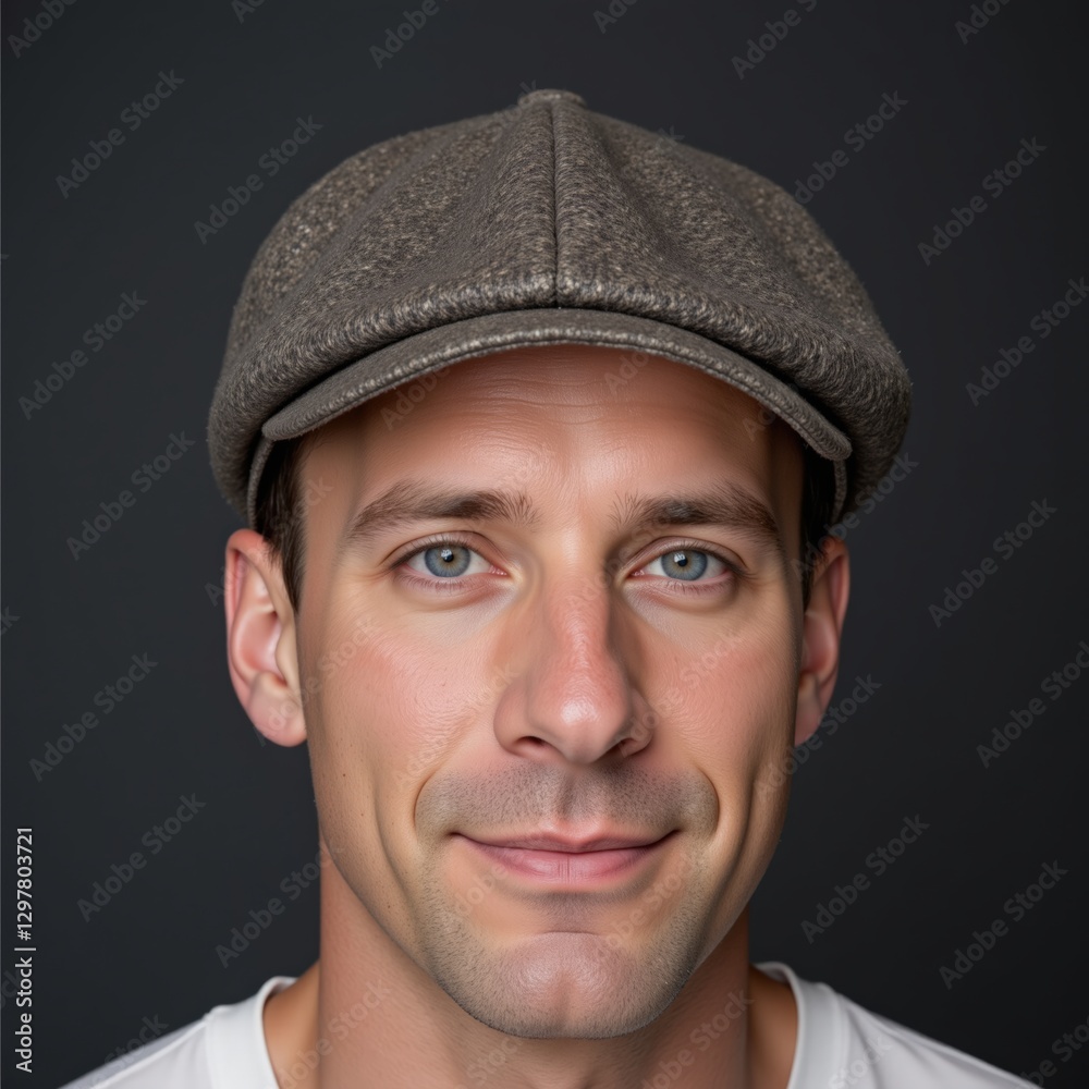 Portrait of a Young Adult Caucasian Man Wearing a Flat Cap Against a Dark Background, Exuding an Air of Confidence and Approachability Portrait of a Young Adult Caucasian Man Wearing a Flat Cap Against a Dark Background, Exuding an Air of Confidence and Approachability
