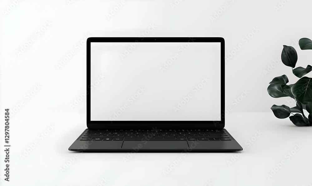 Minimalist Laptop Mockup on White Background with Plant Decoration Minimalist Laptop Mockup on White Background with Plant Decoration