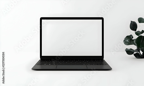 Minimalist Laptop Mockup on White Background with Plant Decoration