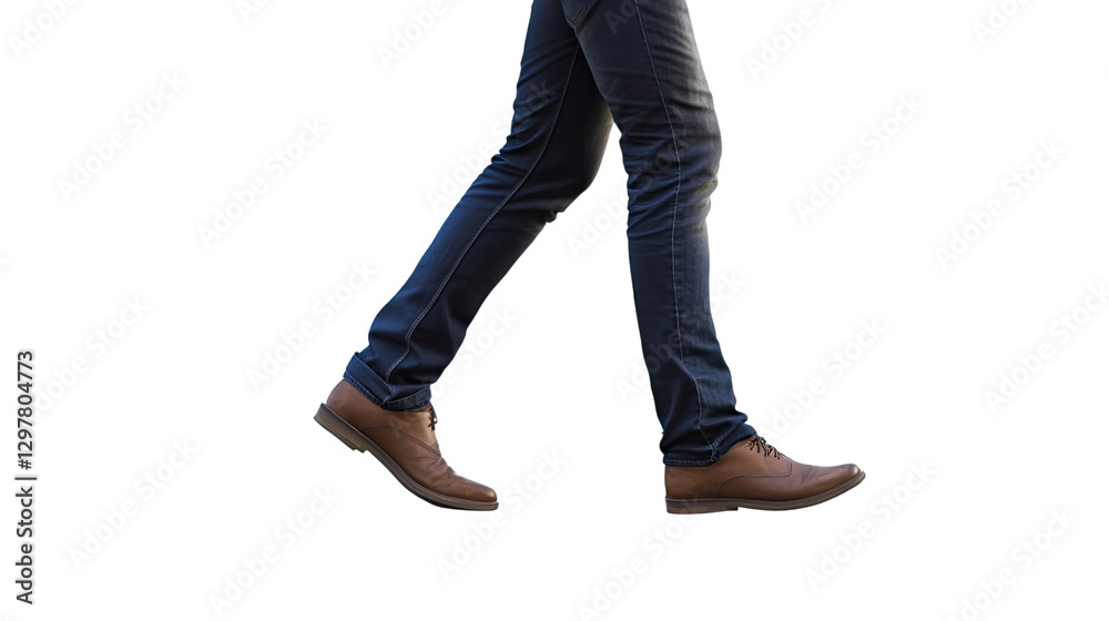 Stepping Forward: Cropped view of legs in denim jeans and brown shoes, a person takes a step. Capturing a moment of movement and style Stepping Forward: Cropped view of legs in denim jeans and brown shoes, a person takes a step. Capturing a moment of movement and style