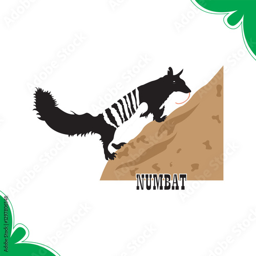 silhouette of Numbat, filled with tropical plant in the jungle in rough drawing,cartoon numbat element sticker clip art.
