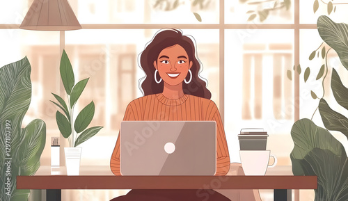 Smiling woman working on a laptop in a cozy indoor environment with plants and coffee