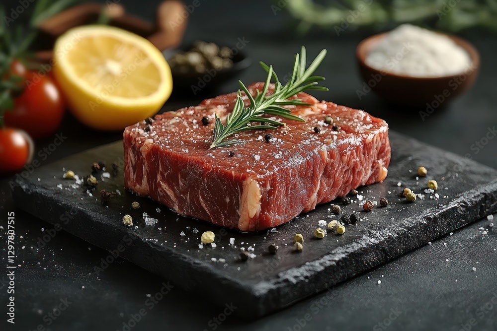 Juicy Raw Steak and Dry Aged Entrecote Barbecue Steak on Dark Background Juicy Raw Steak and Dry Aged Entrecote Barbecue Steak on Dark Background