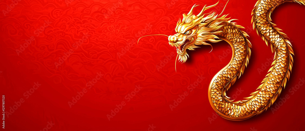 Fototapeta premium Golden dragon coiled on red, ornate background