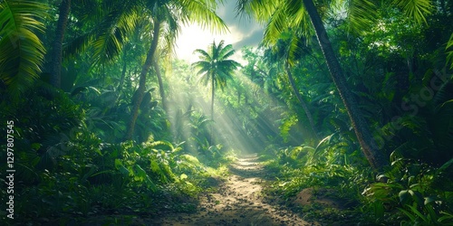 Path through a jungle with a palm tree in the foreground
