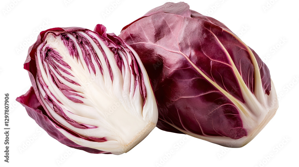 Obraz premium Radicchio: Showcasing two fresh heads of radicchio, the vibrant red and white leaves creating a visually appealing contrast.