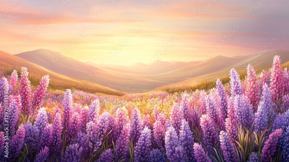 Obraz premium Dreamy Lavender Fields at Golden Hour Artistic Landscape Tranquil and Serene Rural Beauty Scenic Vista Nature Escape Harmony Calm