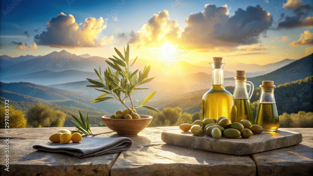 Fototapeta premium Golden Hour Olive Harvest A Rustic Still Life with Bottles of Oil and Fresh Olives at Sunset