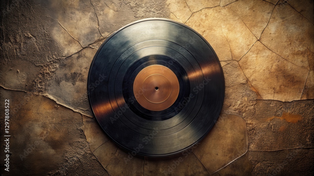 Obraz premium A vintage vinyl record rests on a textured, cracked surface, evoking a sense of nostalgia and the enduring appeal of analog music