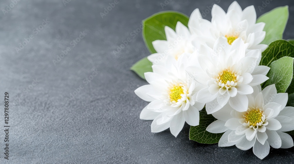 Obraz premium White water lily blossoms with green leaves on a dark grey stone background.