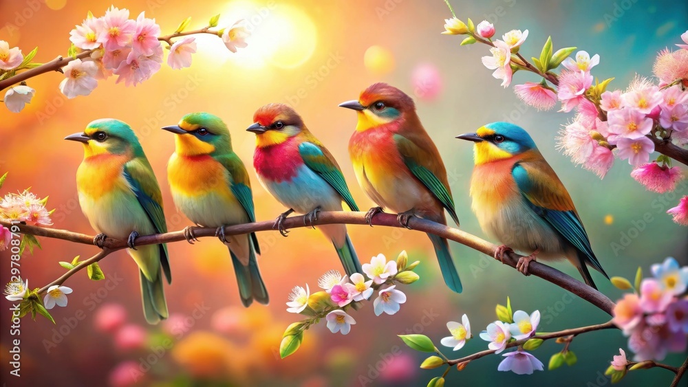Obraz premium Vibrant Rainbow Birds Perched on a Blossom-Laden Branch in a Sunlit Garden