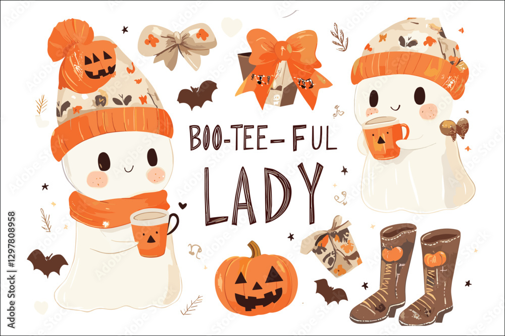 Fototapeta premium Collection of Halloween pumpkins with scary faces and autumn decorations 