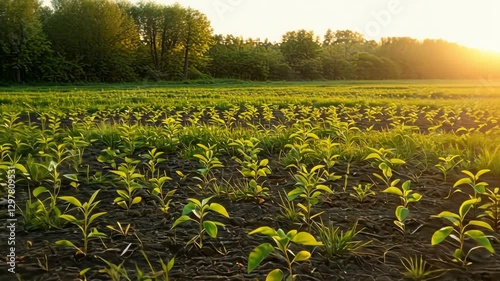 A serene landscape of young green plants growing in sunlight, highlighting agricultural growth and outdoor tranquility.