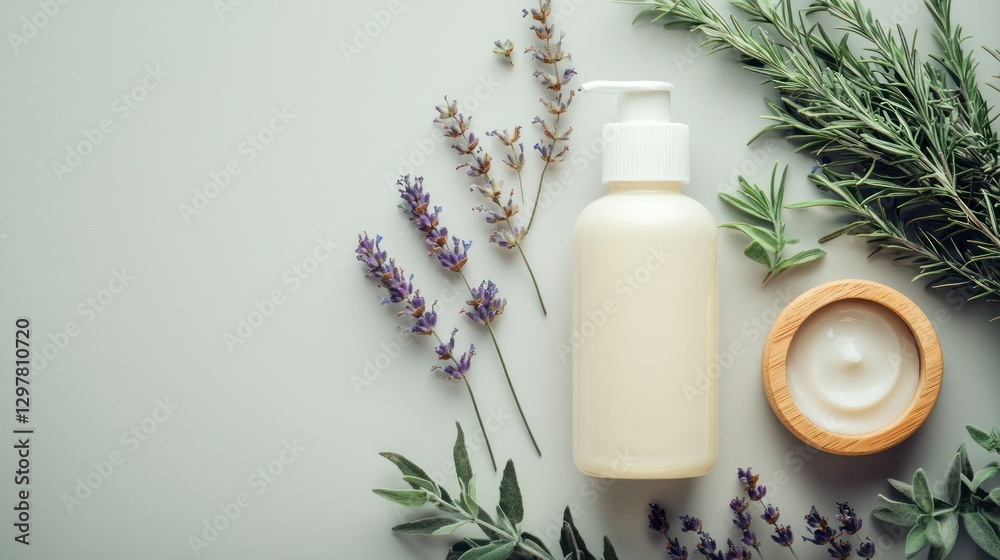 A minimalist flat lay of sensitive skin lotion in a hypoallergenic bottle, surrounded by calming elements like lavender and aloe A minimalist flat lay of sensitive skin lotion in a hypoallergenic bottle, surrounded by calming elements like lavender and aloe