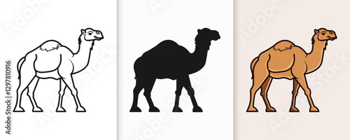 Camel outline and silhouette icon set with isolated flat vector illustration for eid celebration