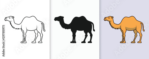 Camel outline and silhouette icon set with isolated flat vector illustration for eid celebration