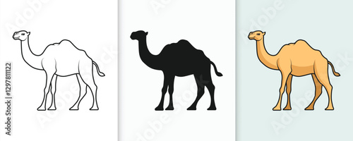 Camel outline and silhouette icon set with isolated flat vector illustration for eid celebration