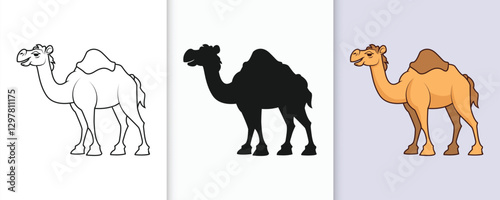 Camel outline and silhouette icon set with isolated flat vector illustration for eid celebration