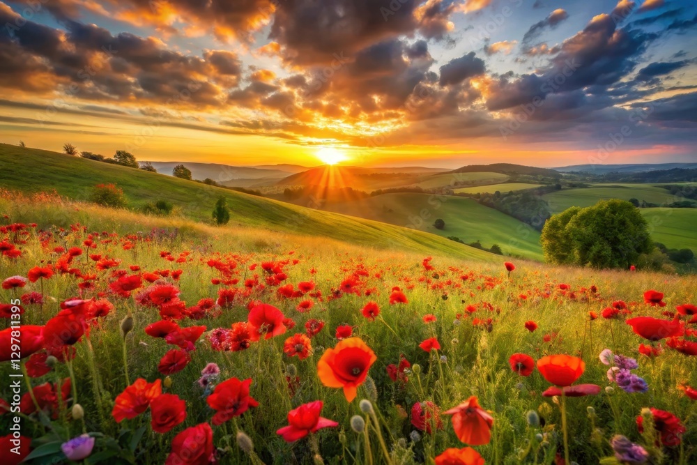 Serene Sunset Over Rolling Hills Adorned with Vibrant Red Poppies in a Lush Meadow Serene Sunset Over Rolling Hills Adorned with Vibrant Red Poppies in a Lush Meadow