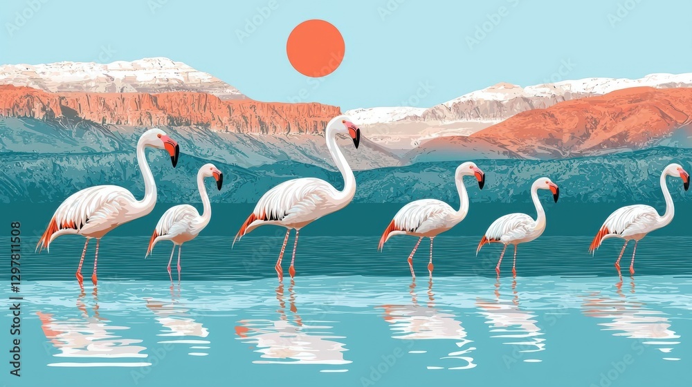 Obraz premium Flamingos in a serene landscape