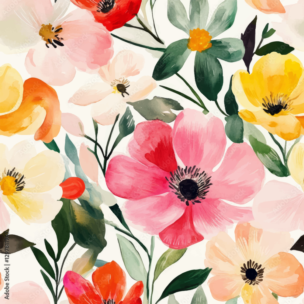 custom made wallpaper toronto digitalLarge flowers in pink and yellow on a white background, watercolor flower seamless pattern. Watercolor print in rustic vintage style, textile or wallpapers.
