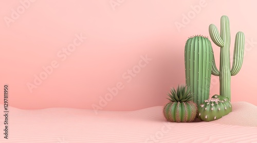 Minimalist desert landscape featuring cacti against a soft pink backdrop creating a calming and aesthetically pleasing visual for projects