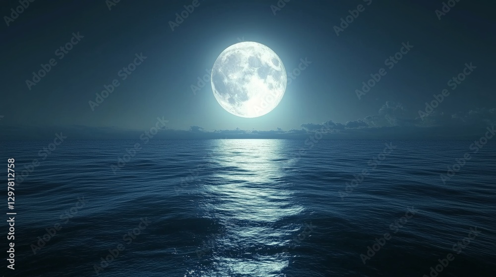 Bright Full Moon Illuminating Calm Ocean Waters at Night Bright Full Moon Illuminating Calm Ocean Waters at Night